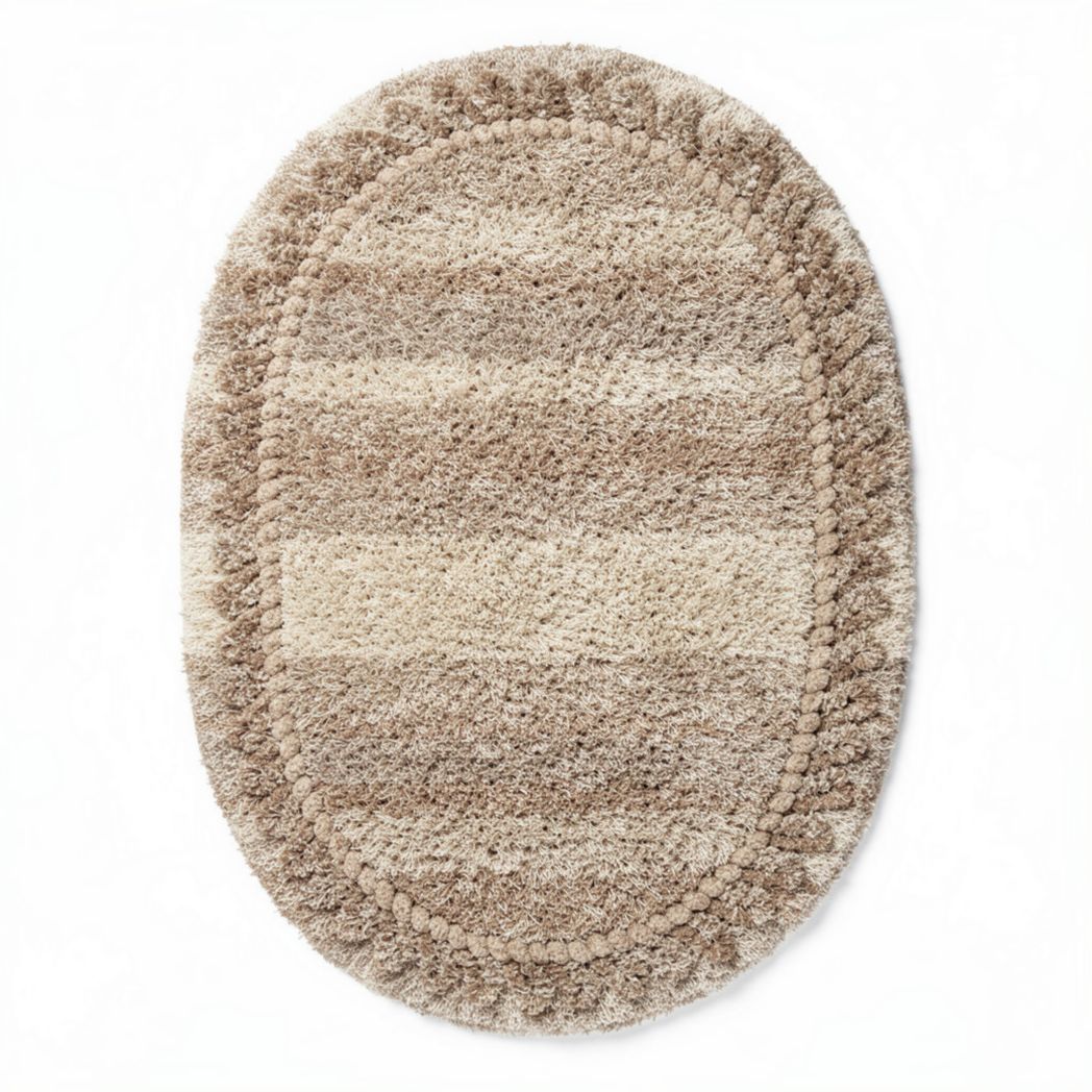 Oval shag area rug for living room in beige and cream 80 x 60 x 1cm