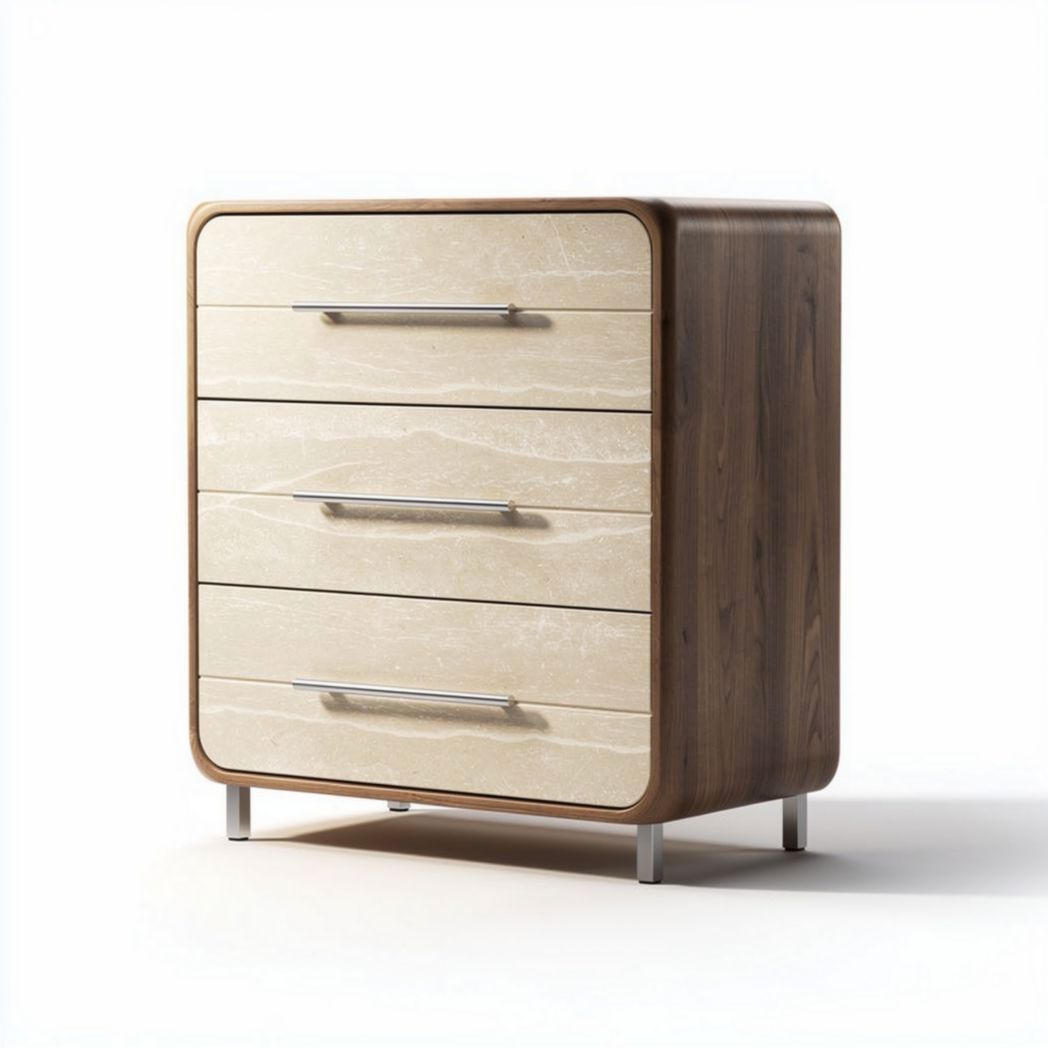 Four-drawer wooden nightstand in walnut finish with cream fronts 45 x 40 x 60cm