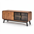 Mid-century modern wooden media console with glass doors and black accents 120 x 40 x 50cm