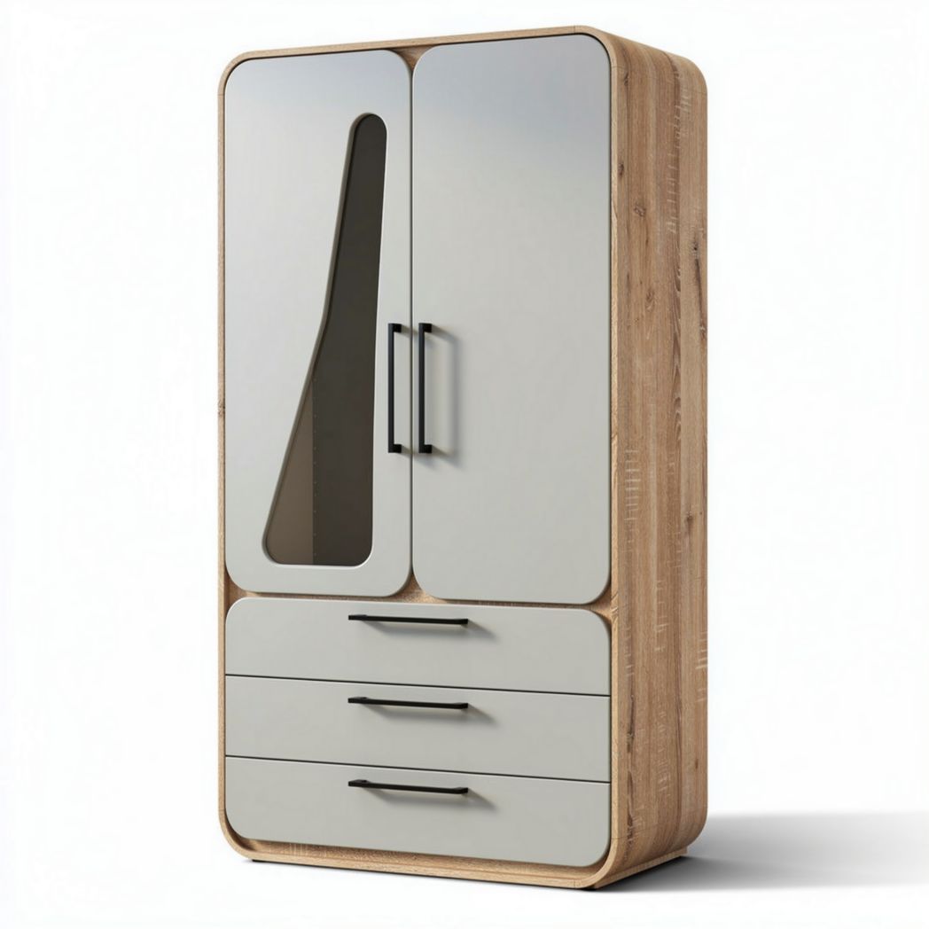 Wooden wardrobe with mirrored doors and three drawers 80 x 40 x 180cm