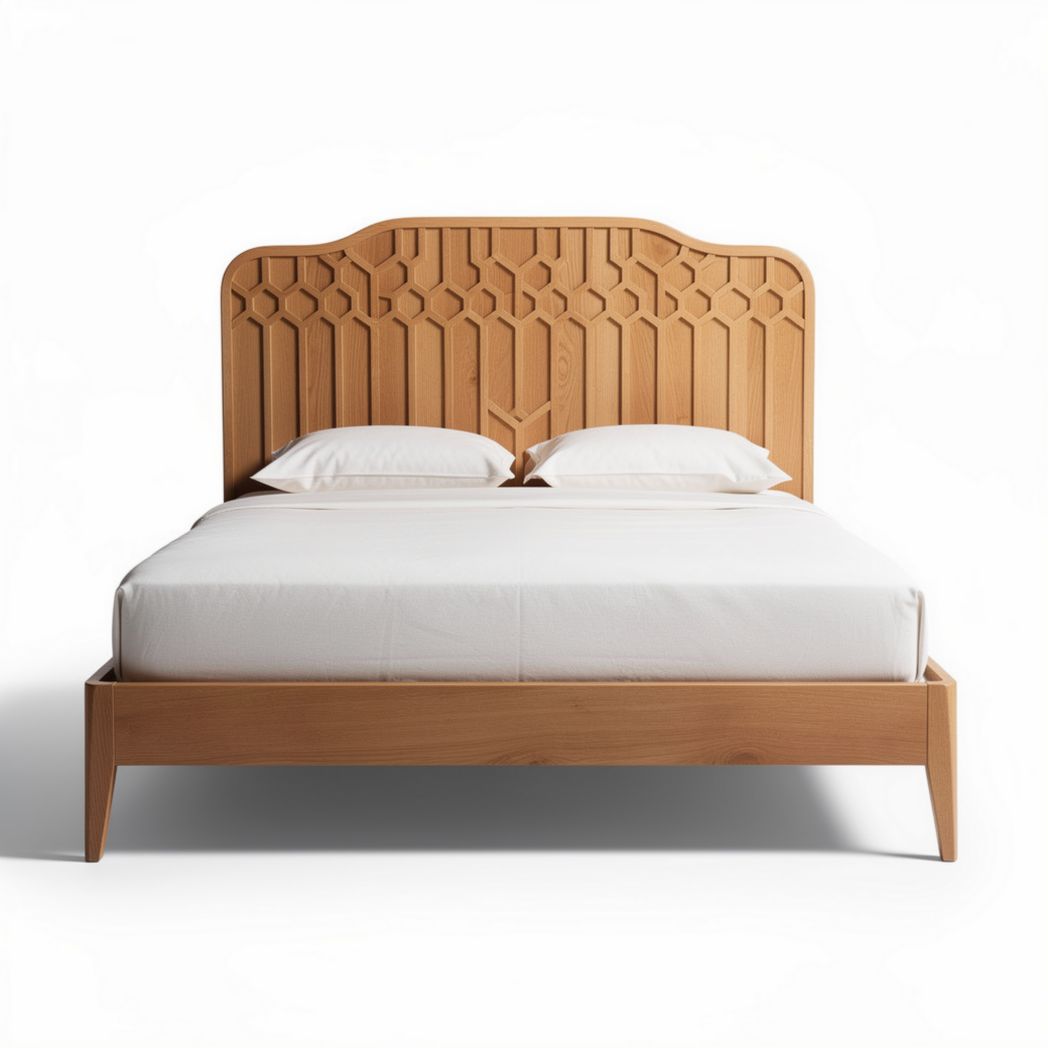 Wooden bed frame with hexagonal patterned headboard and mattress support 202 x 160 x 90cm