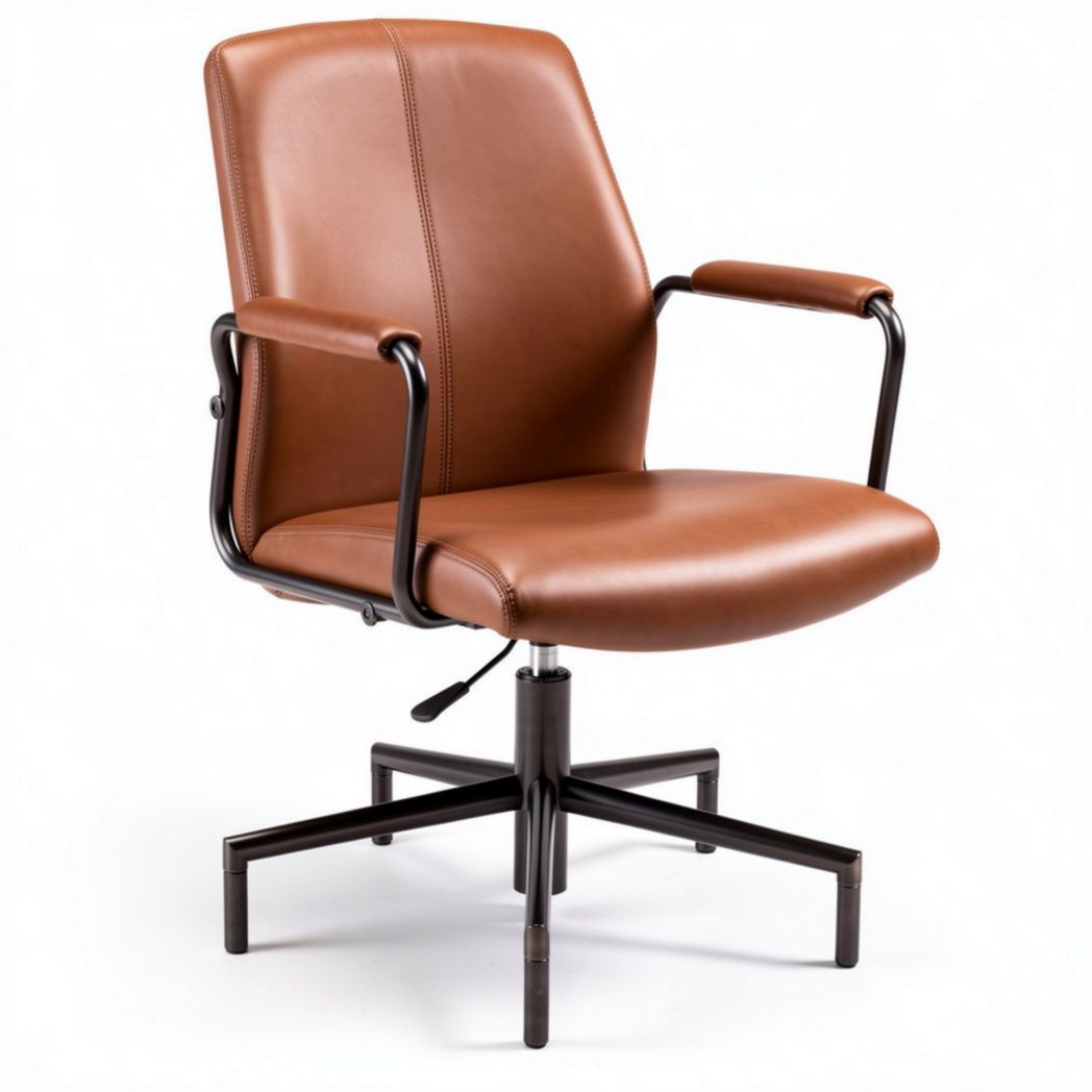Brown faux leather adjustable office chair with metal arms and base 60 x 60 x 90cm