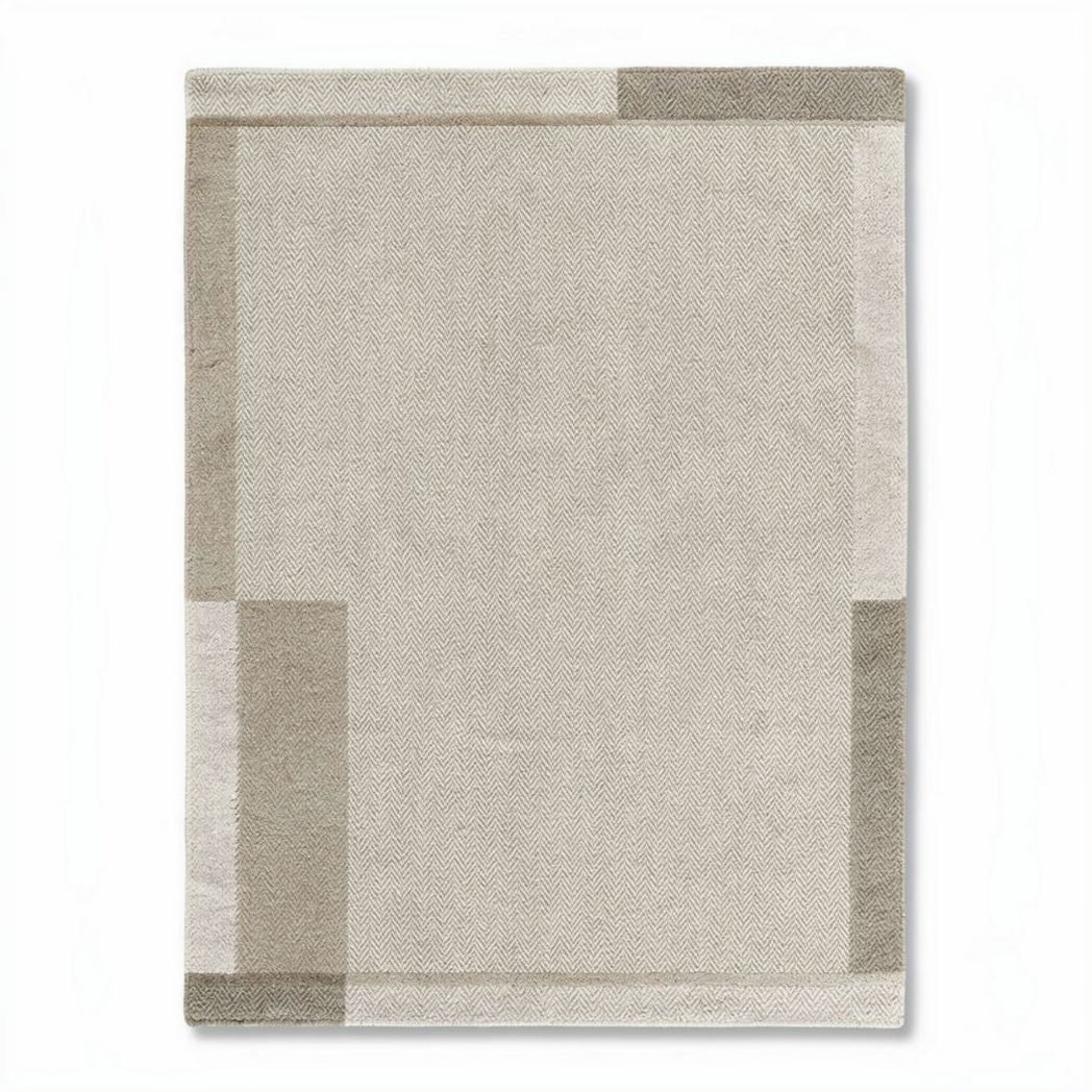Woven area rug in neutral tones measuring 150 x 100 x 1cm for indoor use