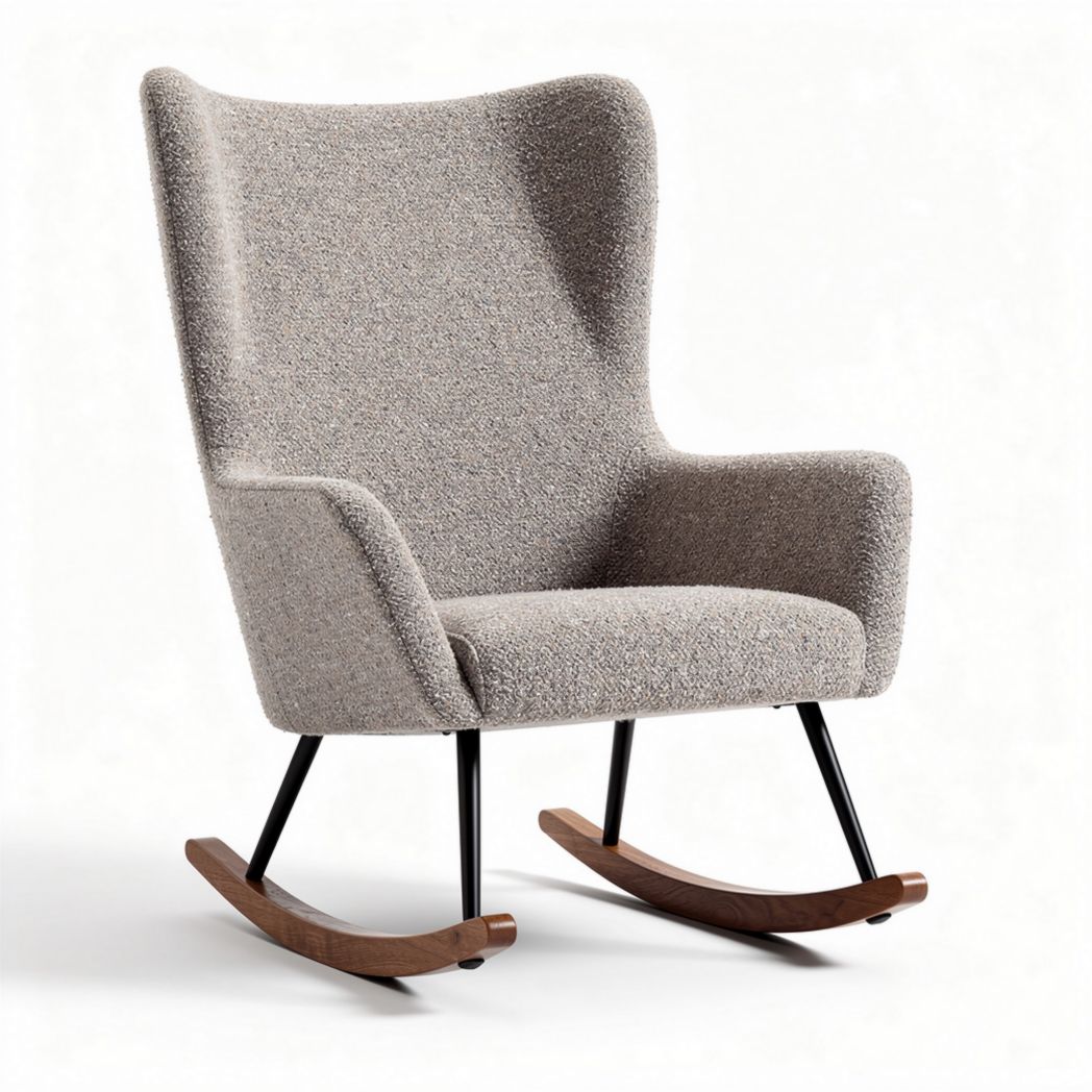 Rocking chair in grey fabric with wooden legs and modern design 80 x 70 x 100cm