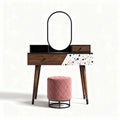 Wooden vanity table with oval mirror and upholstered ottoman pink 90 x 40 x 75cm