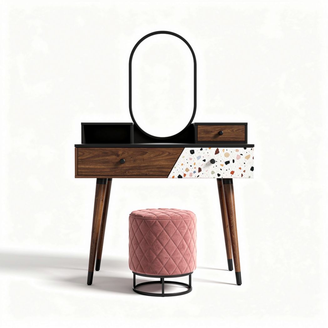 Wooden vanity table with oval mirror and upholstered ottoman pink 90 x 40 x 75cm