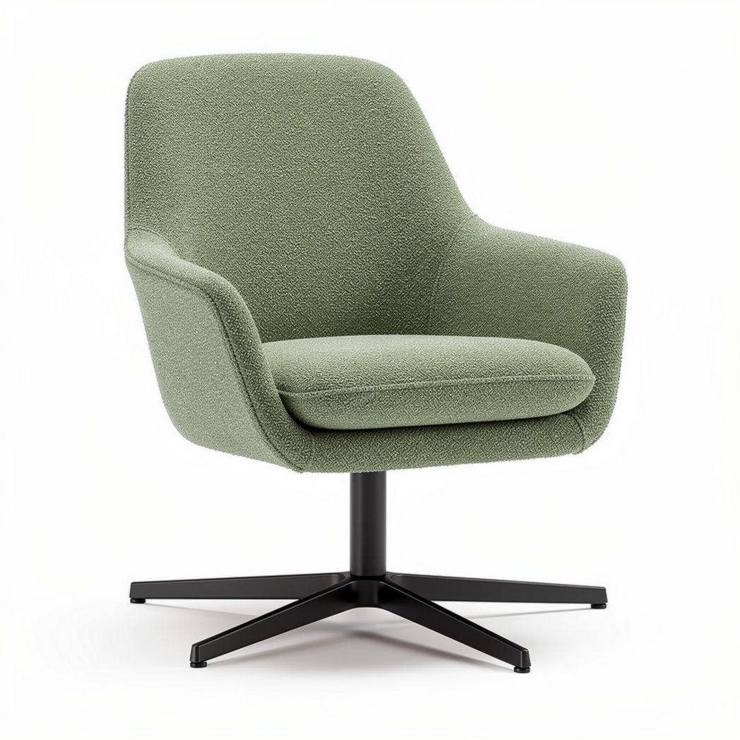 Swivel accent chair with soft fabric in green color and black base