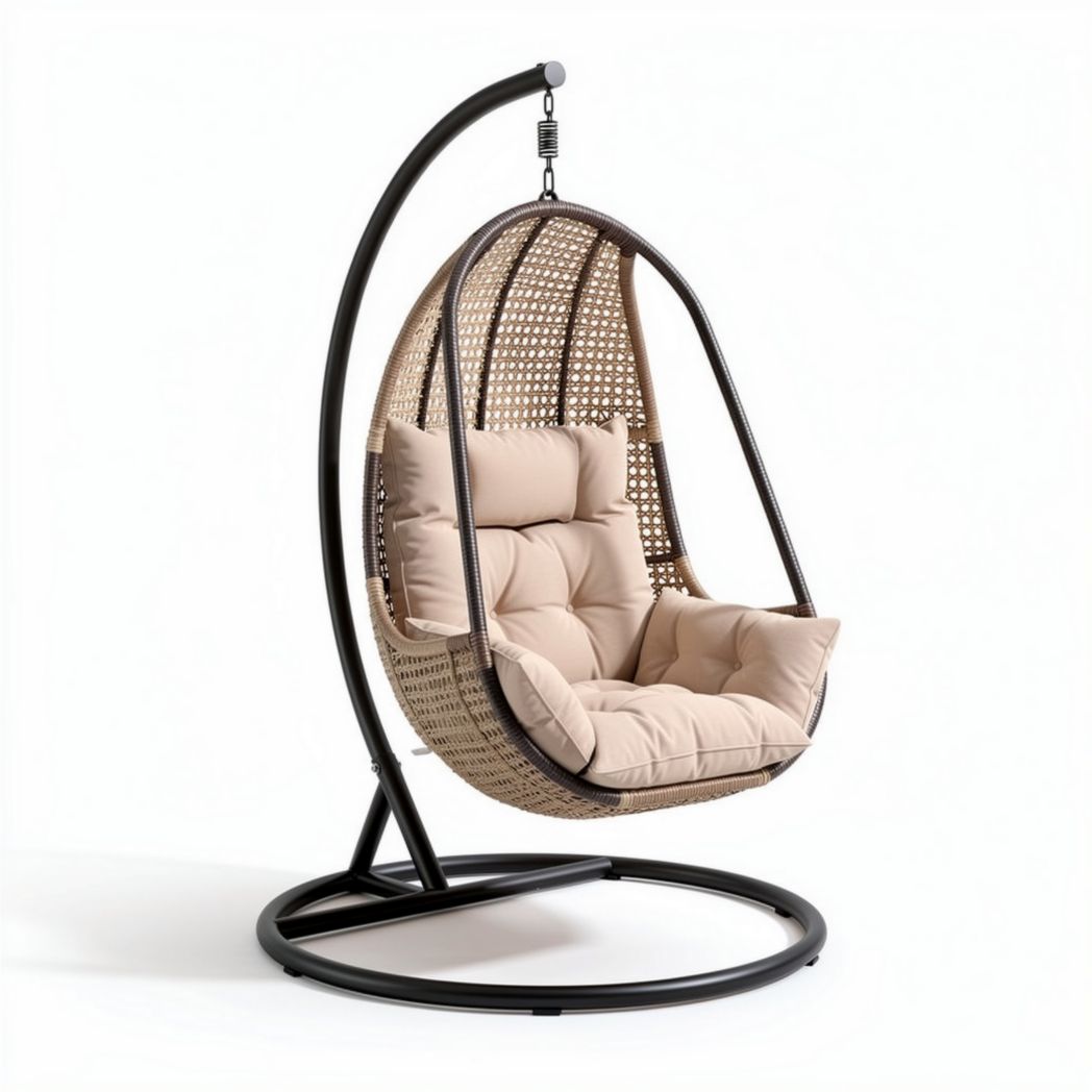 Hanging egg chair with cushioned seats metal frame and wicker design