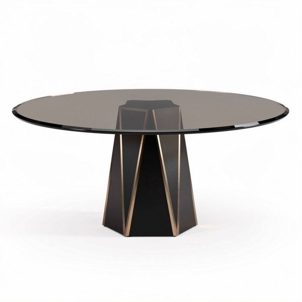 Round glass dining table with geometric metal base 120 x 120 x 75cm