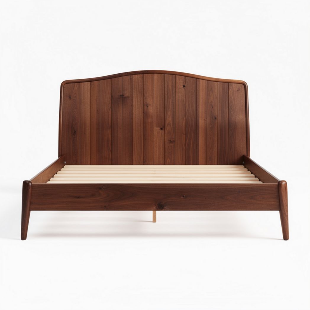 Walnut wood bed frame with slatted base and gently curved headboard 200 x 150 x 100cm